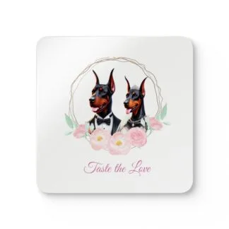 The Dobes Corkwood Coaster Set - Doberman Wedding Edition - Taste the Love