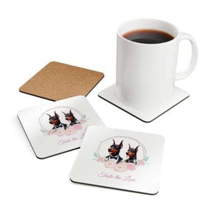The Dobes Corkwood Coaster Set - Doberman Wedding Edition - Taste the Love - Image 4