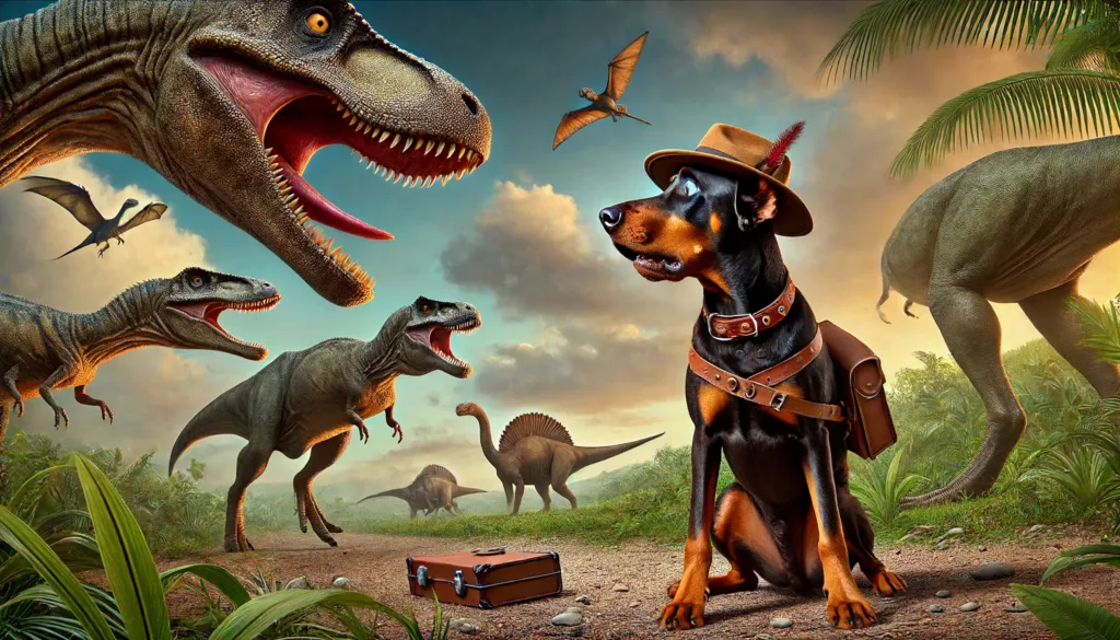A whimsical and adventurous scene featuring a Doberman dressed as an explorer, complete with a hat and leather harness, standing amidst a group of dinosaurs. The Doberman appears surprised as it encounters various prehistoric creatures, including a T-Rex, velociraptors, and pterodactyls, against a vibrant, sunset-lit jungle backdrop. A small suitcase lies open on the ground, adding to the sense of a thrilling adventure.